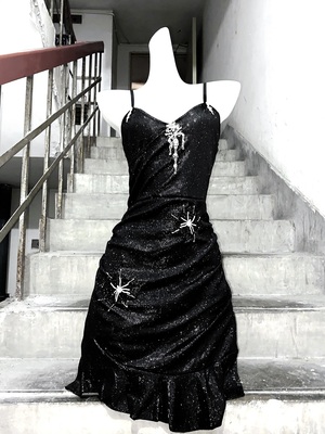 TDH原创闪闪连衣裙黑色蜘蛛网