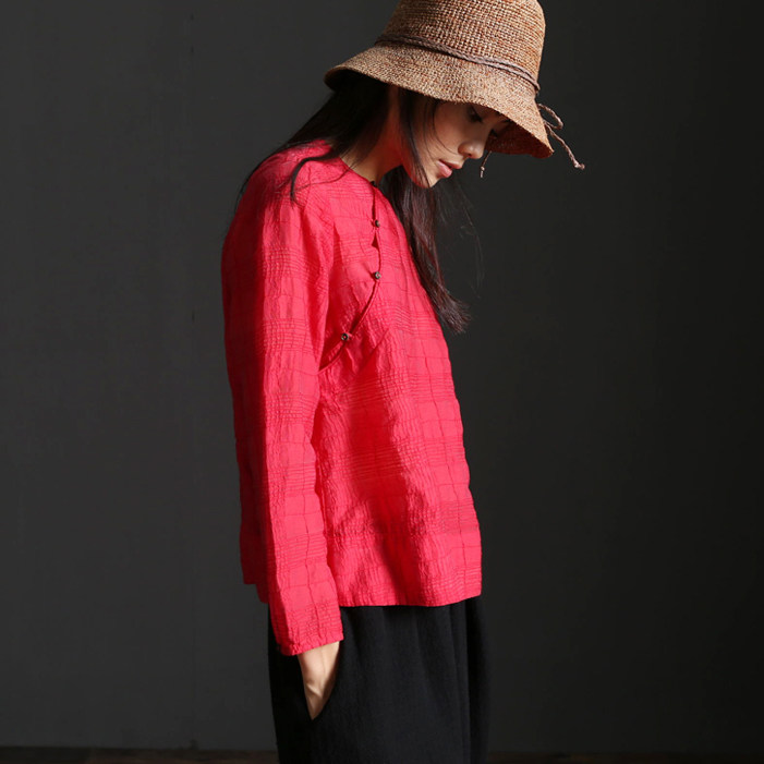 言墨红色秋季格子复古初秋防晒长袖亚麻棉衬衫女文艺短款棉麻上衣|ruв категории Женская одежда, рубашка - от Buy2taobao.com для оказания профессиональной услуги покупки агента Taobao