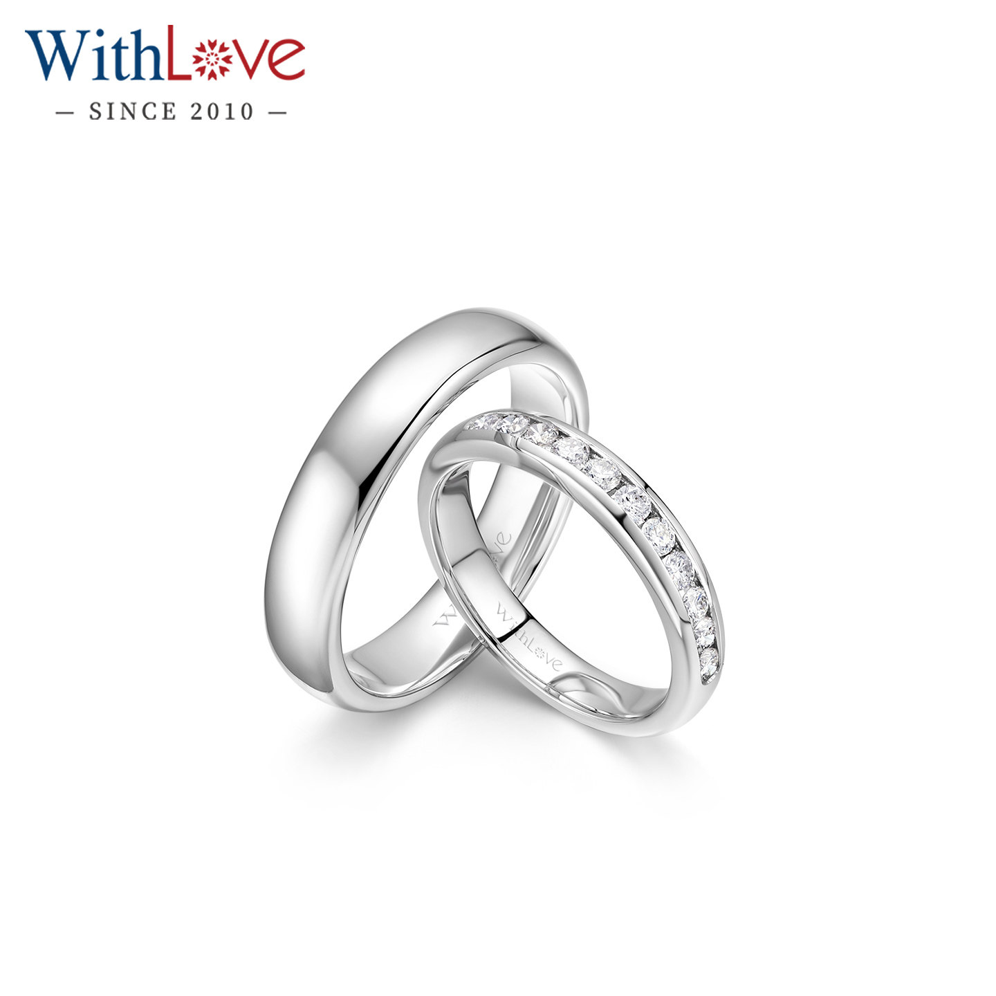 WithLove 18K金钻石结婚对戒简约宽版厚实铂金排钻情侣戒指定制
