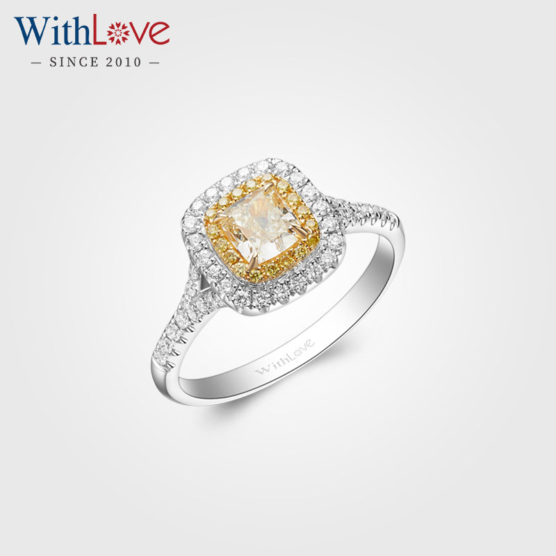 WithLove 白18K金浓彩黄钻垫形戒指彩钻豪华群镶80分钻戒戒指定制