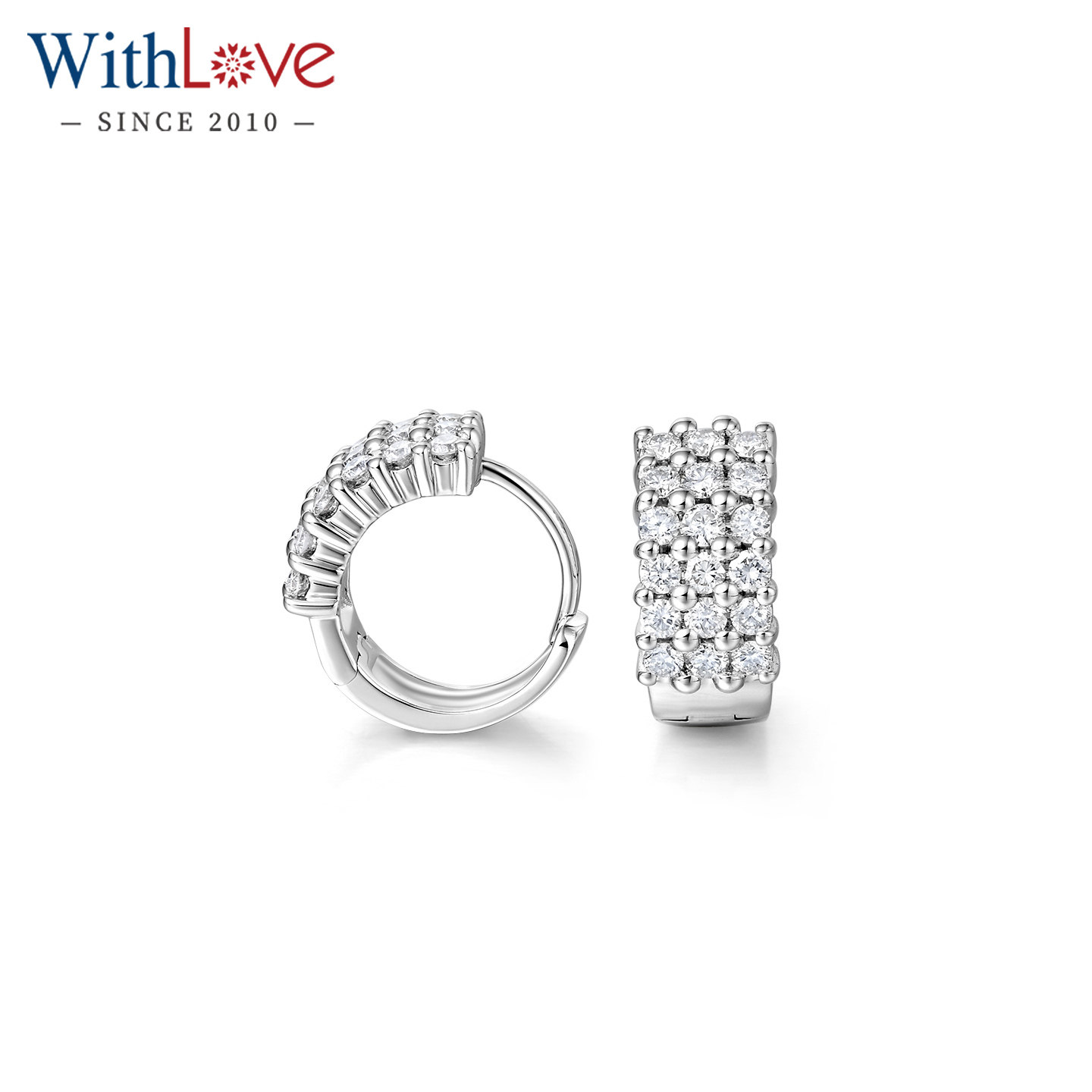 WithLove唯爱品越 白18K金群镶钻石耳环 三排钻豪华宽版结婚耳饰