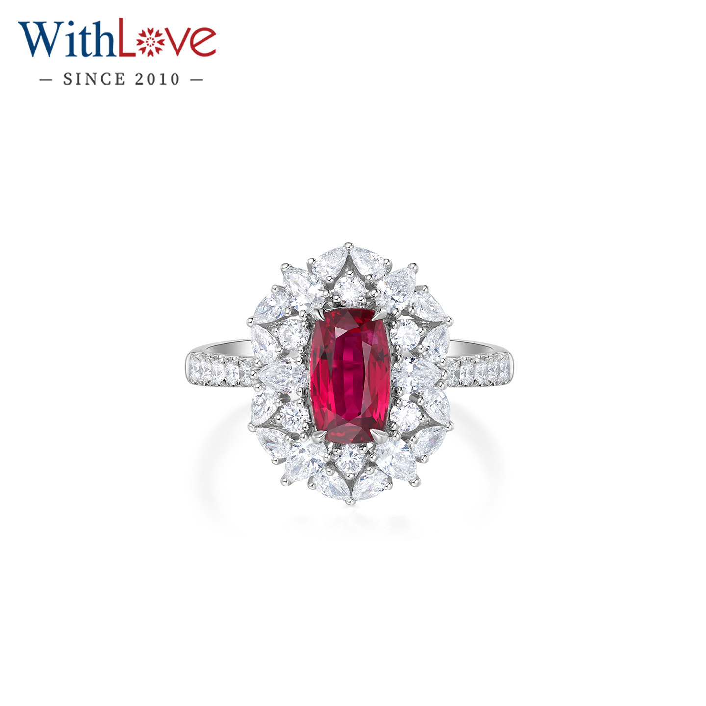 WithLove 18K金垫形克拉有烧鸽血红宝石围镶钻石戒指女AIGS证书