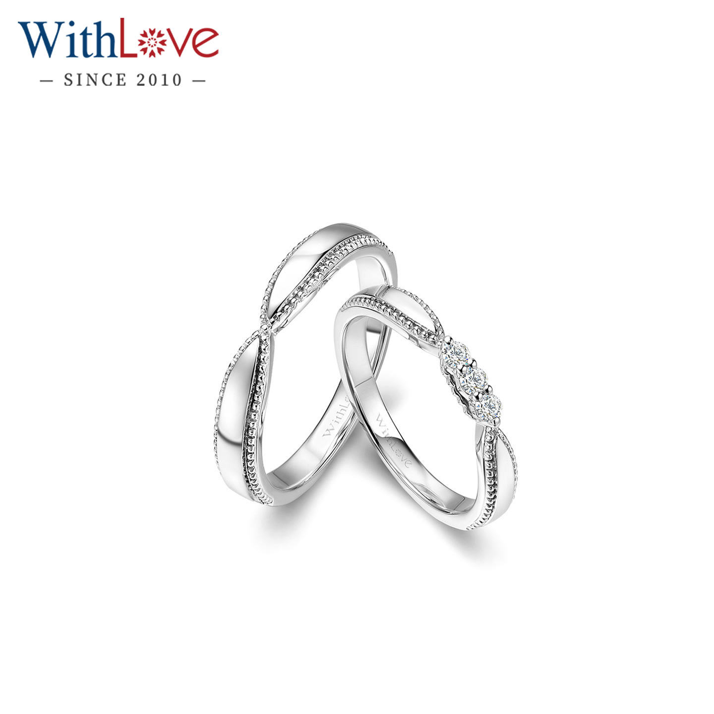 WithLove 白18K金9分钻石情侣对戒珠边铂金结婚钻戒指环定制