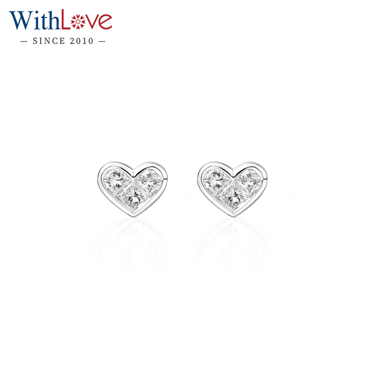 WithLove 18K金60分钻石心形耳钉女款显大Pt950桃心耳饰定制
