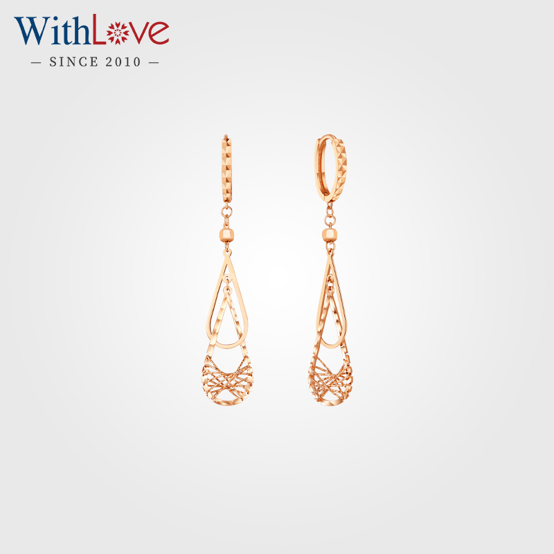 WithLove 玫瑰18K金水滴形素金女士彩金耳环镂空耳坠表白送女友