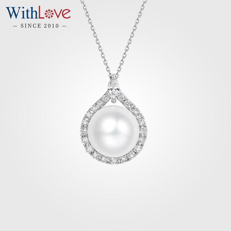 WithLove 白18K金澳白珍珠圆润群镶马眼形圆形钻石吊坠Pt铂金项坠