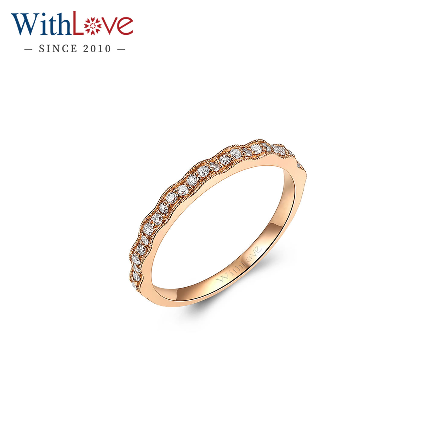 WithLove 玫瑰18K金18分钻石戒指梅花形排镶排钻女时尚波浪款定制