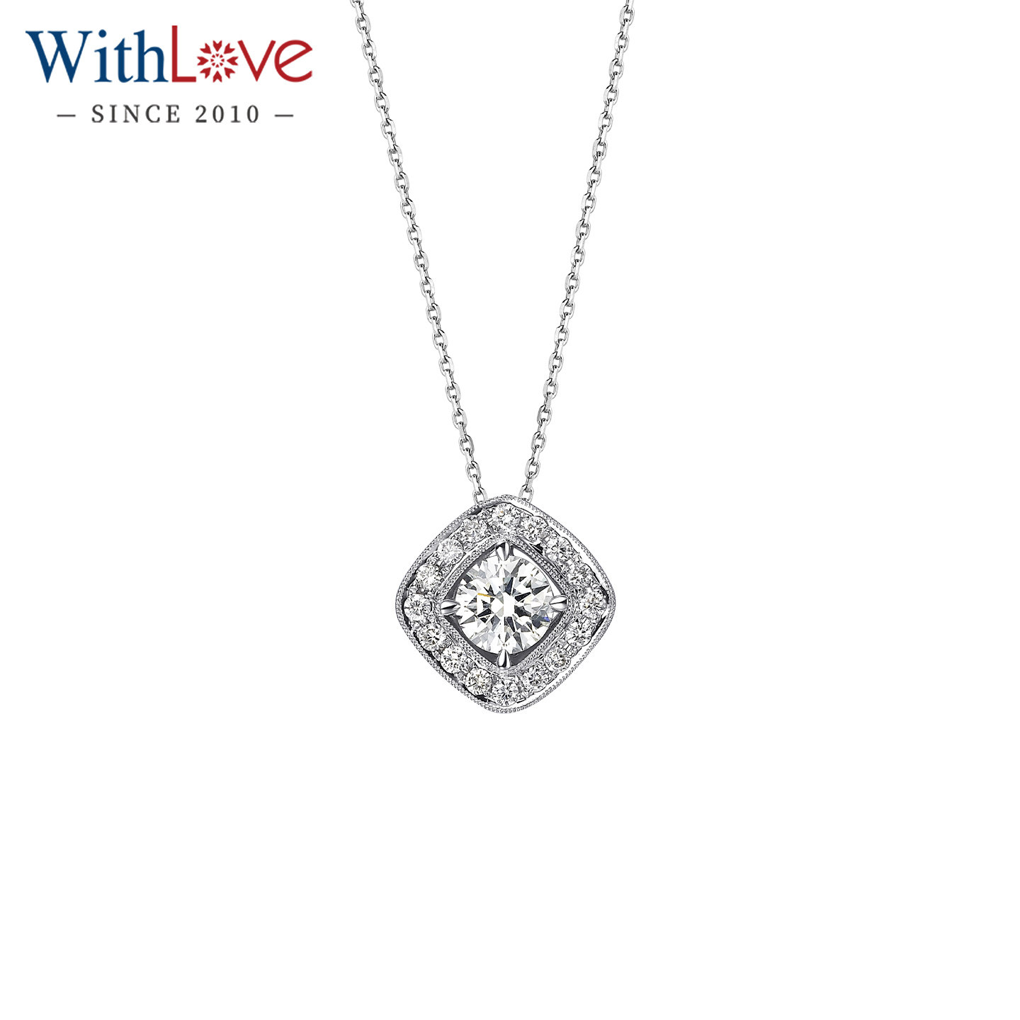 WithLove 白18K金克拉效果豪华群镶钻石吊坠Pt铂金项坠定制