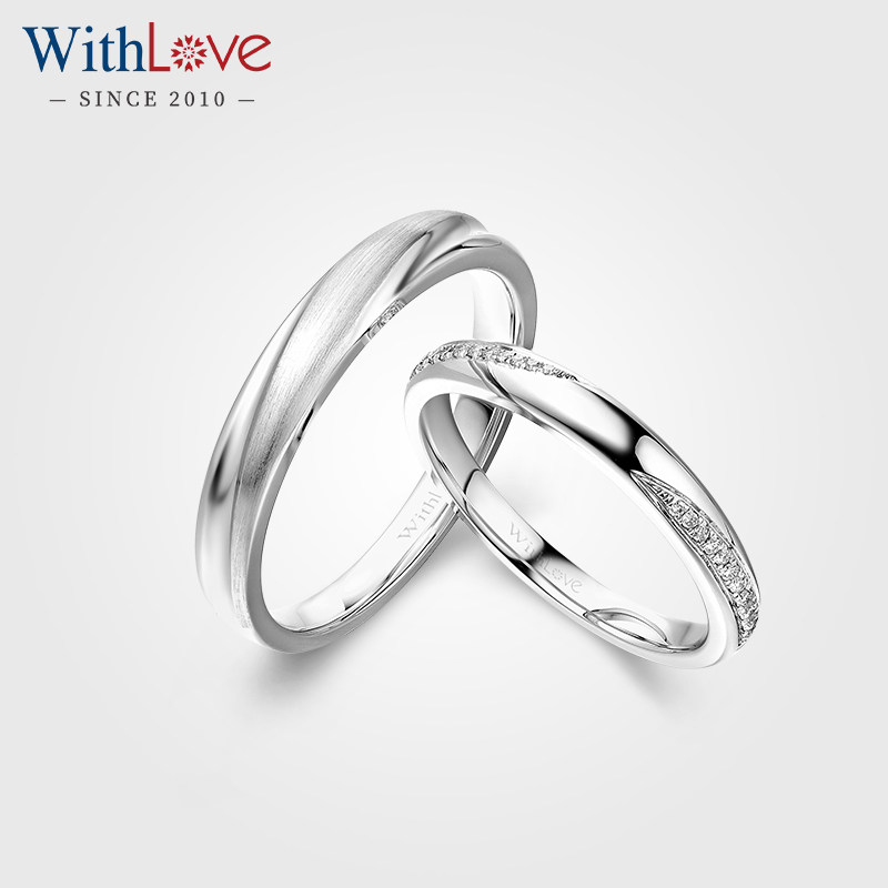 WithLove 白18K金排钻女戒素金男戒情侣对戒结婚刻字钻石戒指定制