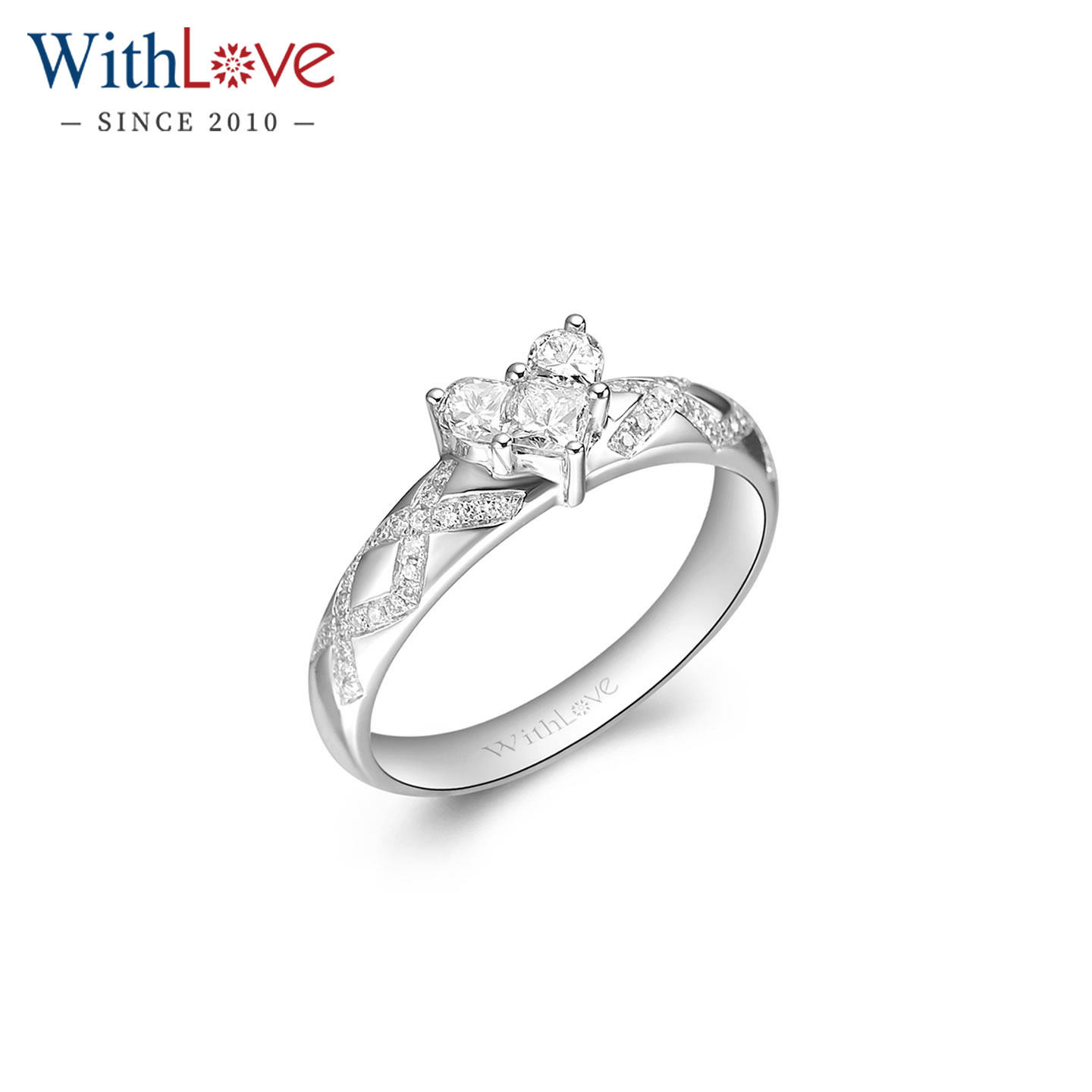 WithLove 18K金群镶心形钻石戒指正品结婚钻戒真钻附证书女士定制