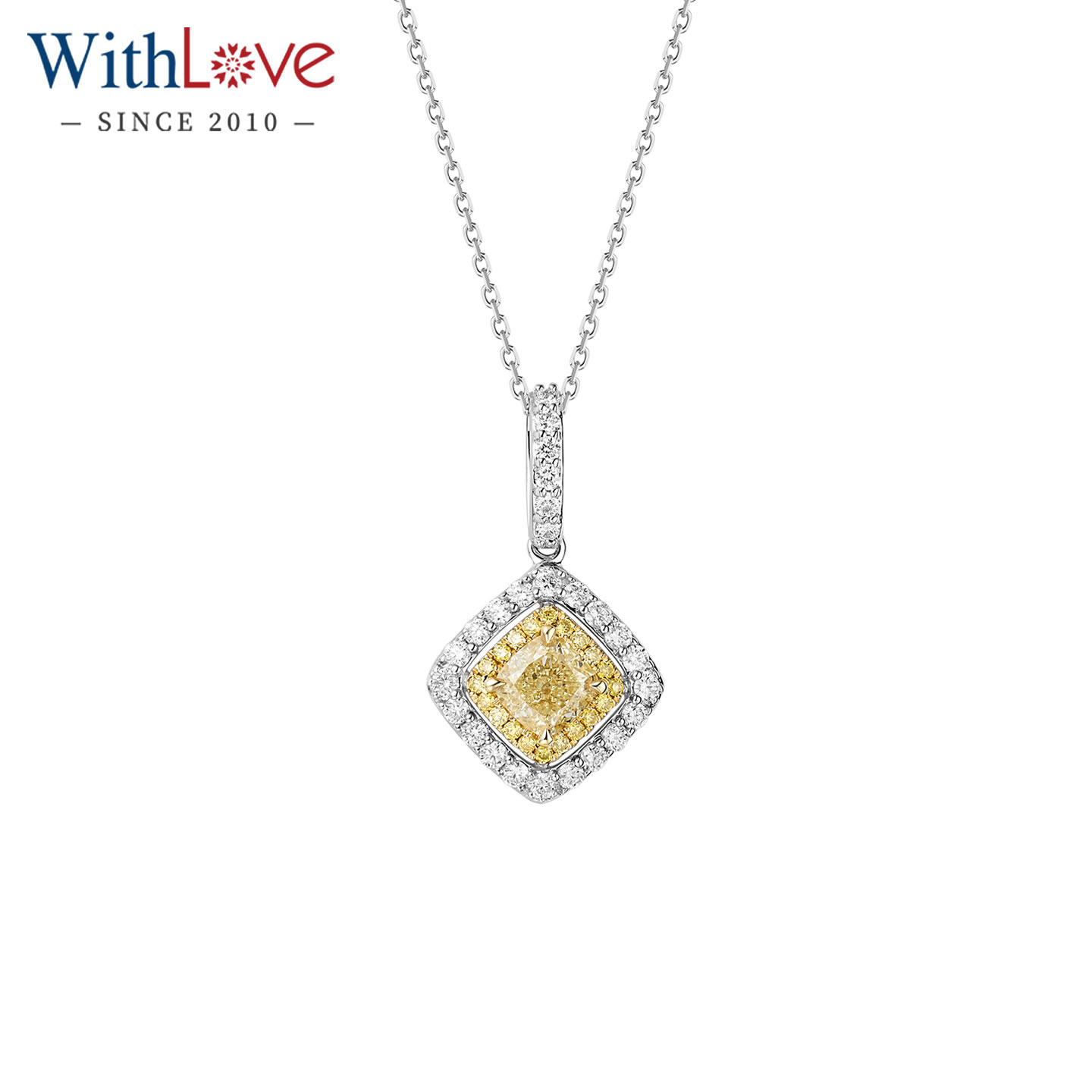WithLove 白18K金天然黄钻豪华群镶钻石80分吊坠垫形彩钻女定制