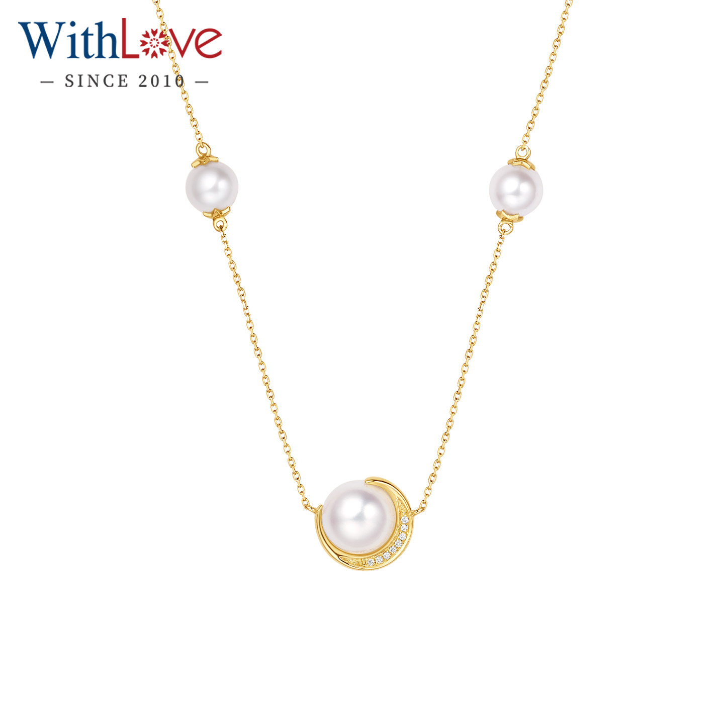 WithLove 18K金日本Akoya海水珍珠群镶钻石月亮吊坠项链锁骨链女