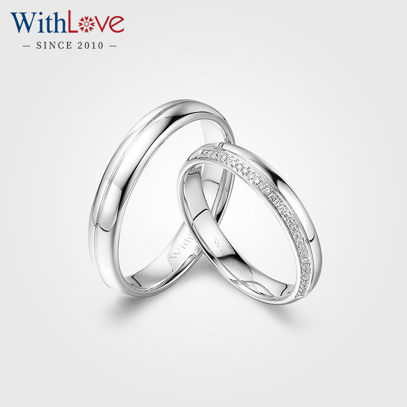 WithLove 白18K金排钻女戒素金男戒情侣对戒结婚刻字订婚钻石戒指
