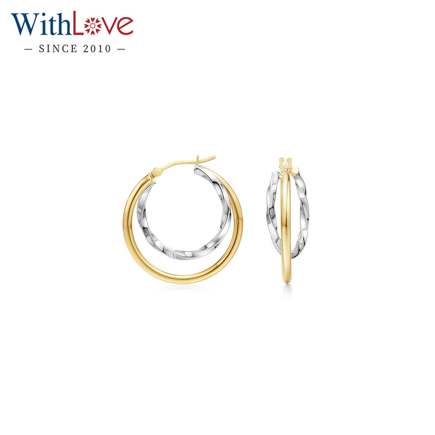 WithLove 18K金两环双色麻花素金耳圈复古耳饰ins轻奢时尚日常女
