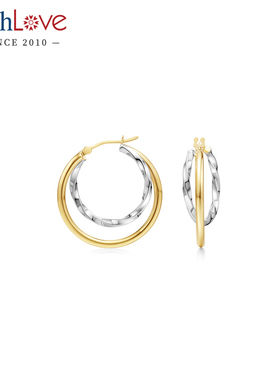 WithLove 18K金两环双色麻花素金耳圈复古耳饰ins轻奢时尚日常女