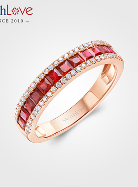WithLove 18K金排镶公主方红宝石戒指豪华克拉排钻轻奢女戒指环
