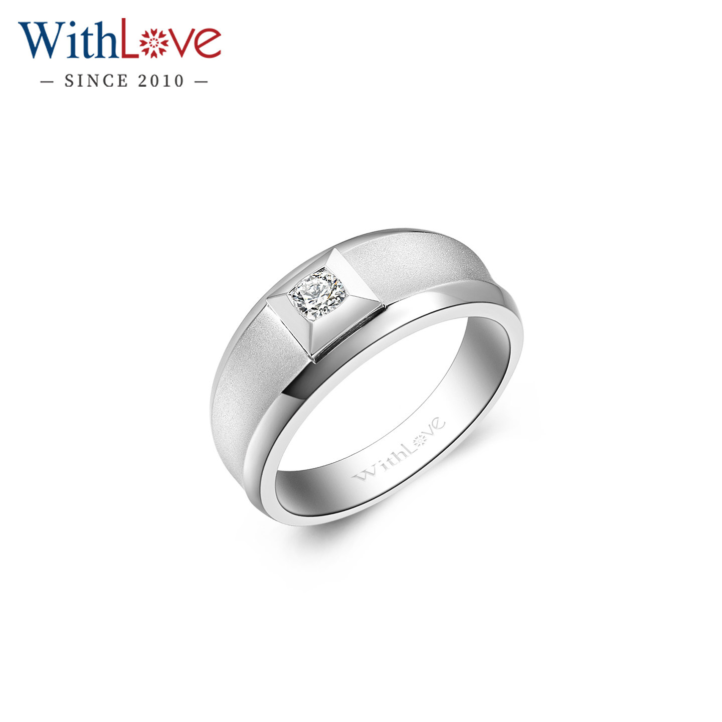 WithLove 白18K金10分钻石宽版男戒 磨砂男士结婚婚戒定制