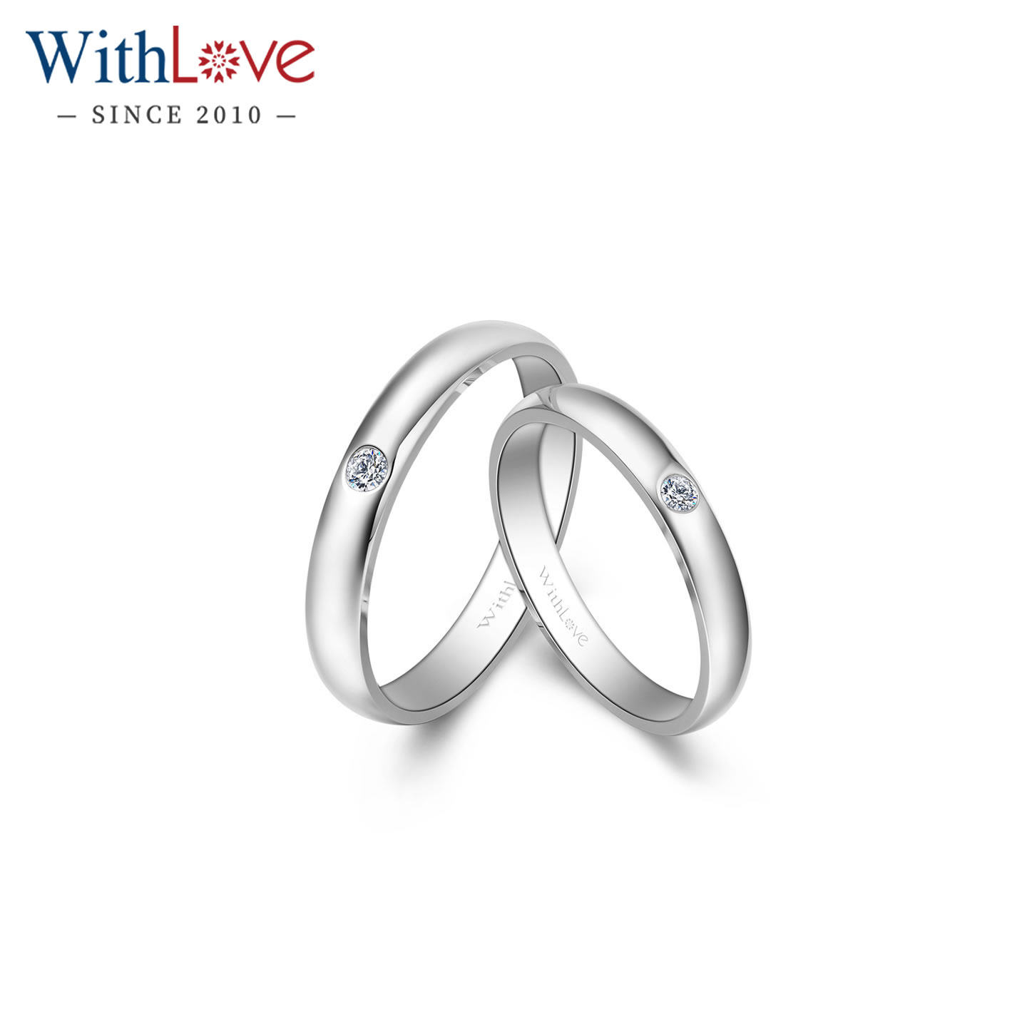 WithLove 白18K金钻石情侣对戒男女简约款Pt950铂金结婚戒指定制