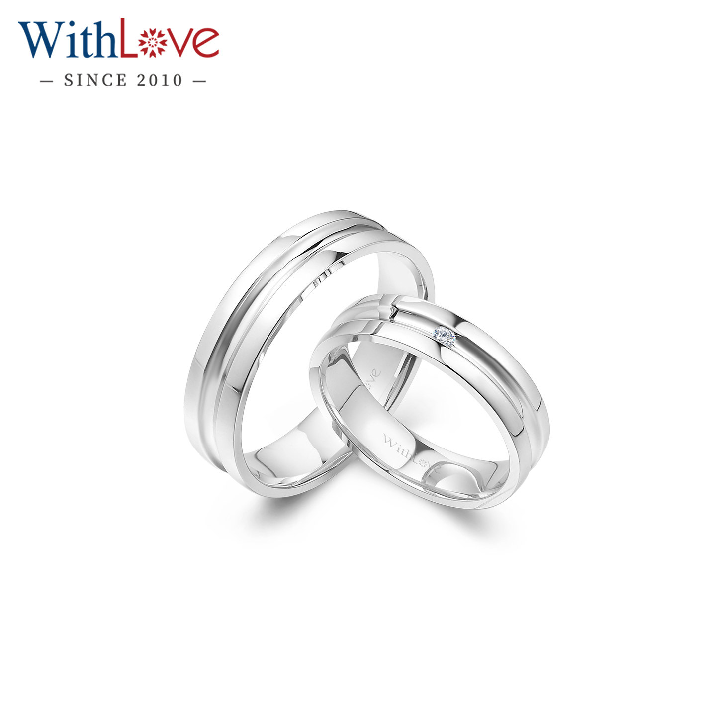 WithLove 白18K金宽版时尚钻石情侣对戒 简约结婚指环定制