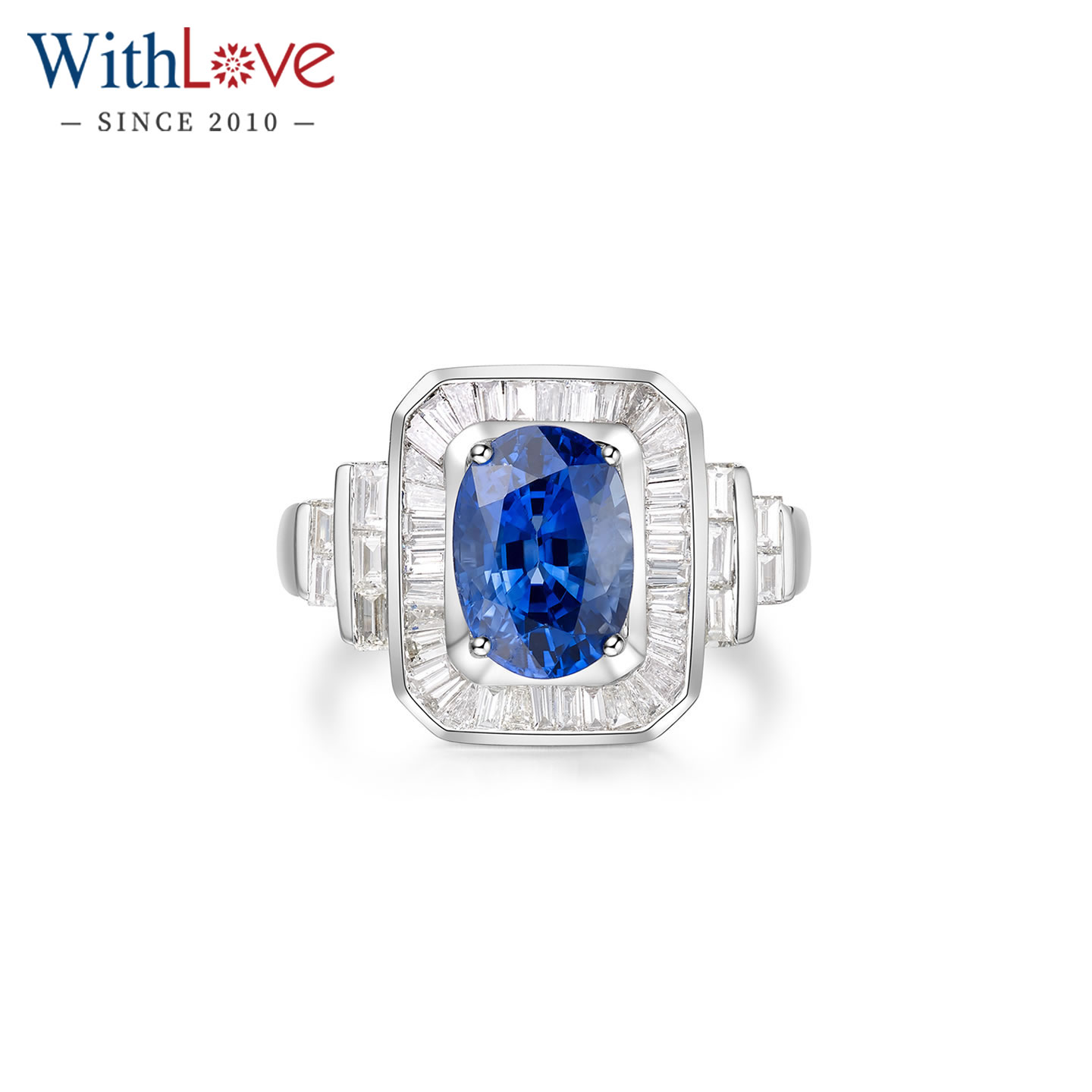 WithLove 白18K金有烧椭圆形克拉皇家蓝蓝宝石钻石戒指女GUILD证