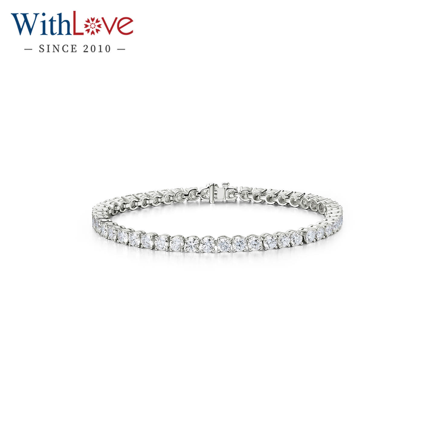 WithLove 白18K金5.3克拉真钻四爪豪华满钻手镯女士钻石网球手链
