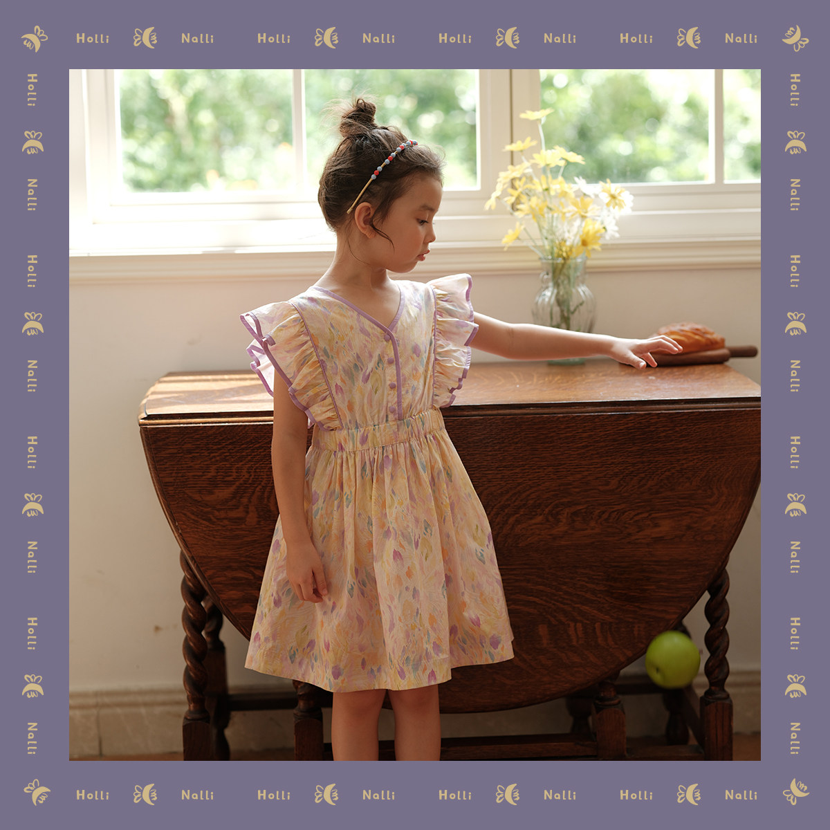 欧利娜利原创 高支长绒棉水彩烟花满印两面穿俏美飞袖夏款连衣裙