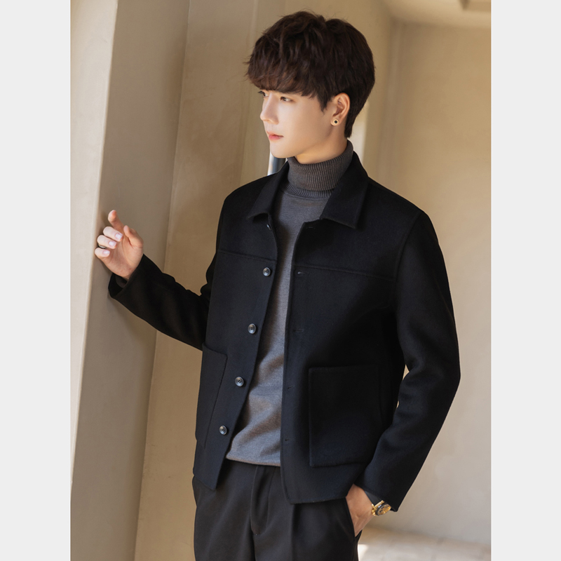 冬季外套男翻领感休闲修身潮流双面呢子大衣短款茄克1121w