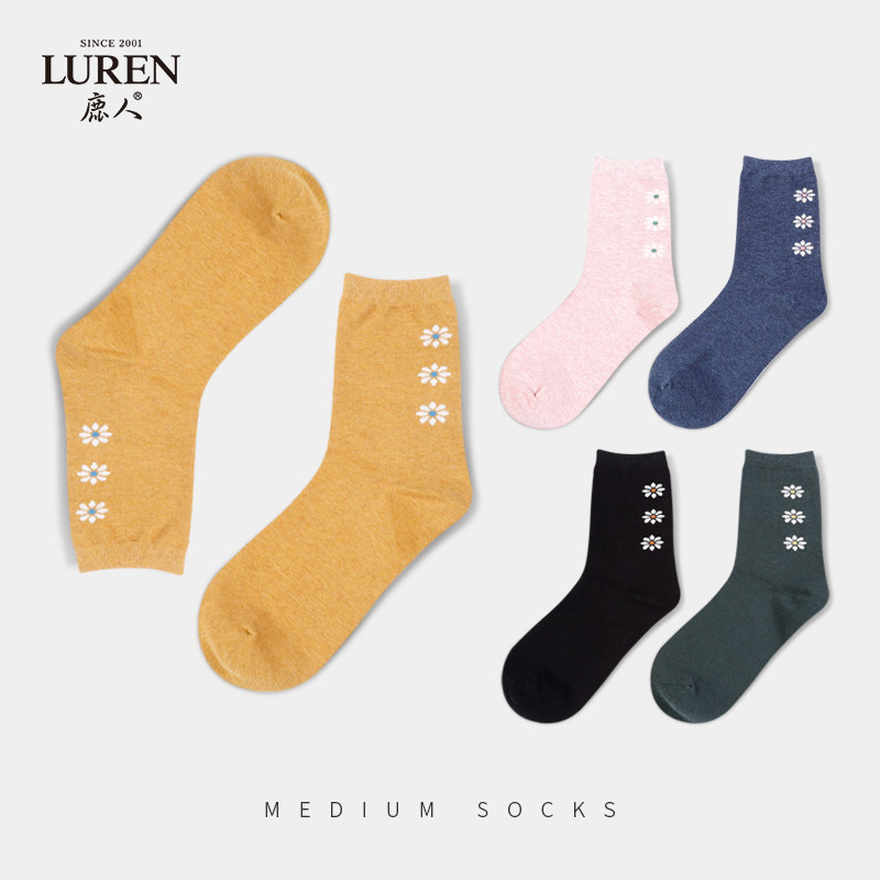 鹿人韩版女袜可爱卡通春秋冬新款学院风女纯棉袜女士中长筒袜3003