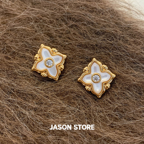 JASON/复古四叶草贝母耳钉女2026新款菱形轻奢高级感小香风耳饰品