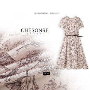 芝禾/CHESONSE【月下海棠】朗家 复古宽松花卉印花收腰连衣裙1249