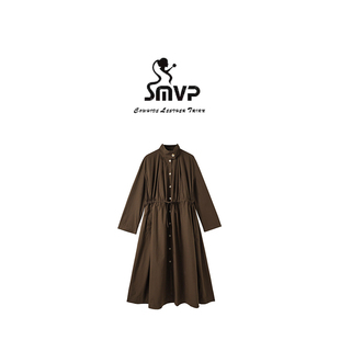 休闲纯棉立领抽褶收腰显瘦连衣裙1040 拿铁毛尾 SMVP