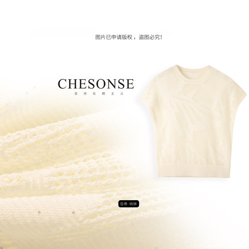 CHESONSE修身镂空提花圆领针织衫