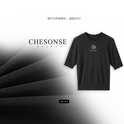 CHESOSNE夏季刺绣钉珠短袖针织衫