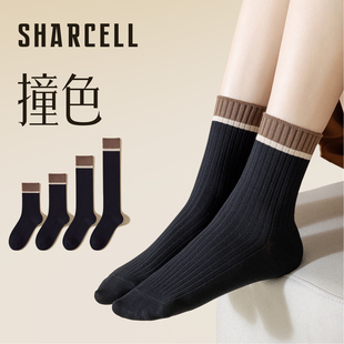 配小皮鞋 袜子女中筒袜纯棉秋冬黑色日系复古条纹长袜2025新款 爆款