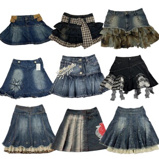 vintage古着81美式y2k千禧辣妹亚文化涩谷牛仔短裙蛋糕裙百褶裙