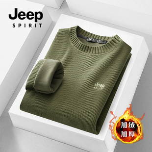 Jeep spirit 毛衣男士冬季新款宽松休闲圆领加绒线衣套头针织衫