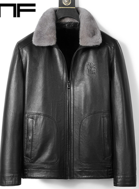 冬季新款海宁水貂内胆皮毛一体山羊皮真皮皮衣翻领皮夹克加厚外套
