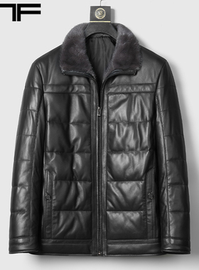 海宁真皮羽绒服男绵羊皮短款水貂毛领中老年爸爸加绒皮夹克外套冬