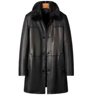 海宁山羊皮真皮皮衣男中长款水貂内胆皮毛一体中年皮草风衣外套冬