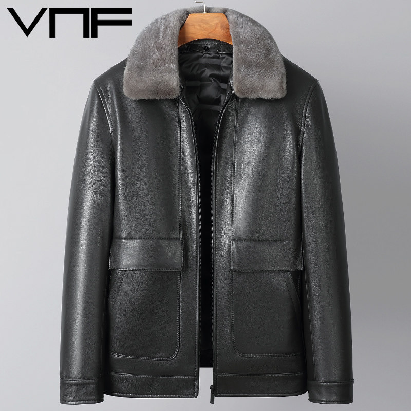 头层牛皮皮衣男中年真皮羽绒服冬季新款皮毛一体爸爸纯皮夹克外套