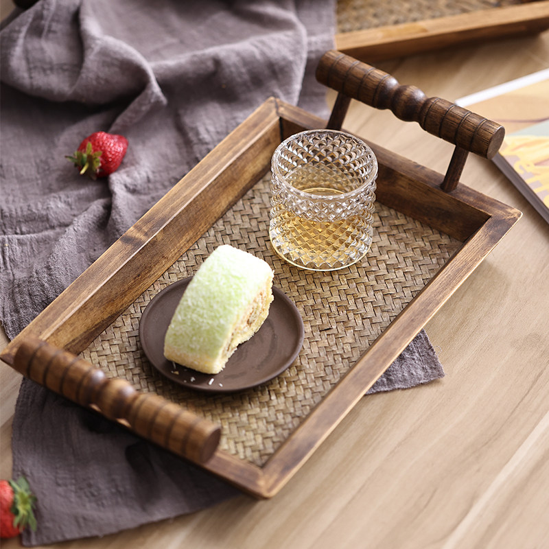 异丽木质盘子藤编托盘泰式实木美容院茶盘复古中式家用茶杯茶托盘