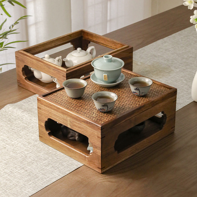 异丽实木功夫茶具收纳盒防尘茶盘紫砂壶置物架茶壶茶杯多功能架子