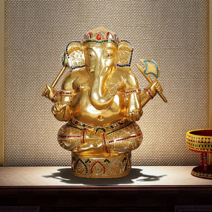 异丽东南亚实木象神摆件泰式 饰品 会所酒店客厅玄关金箔象鼻神装