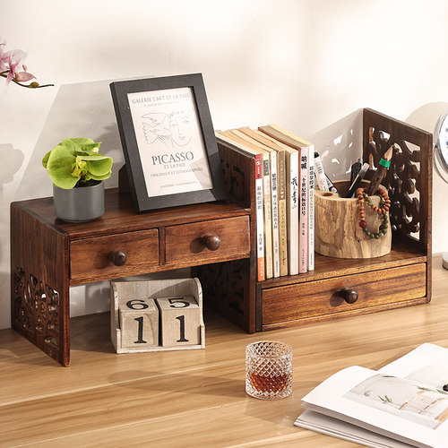 复古实木桌面置物架飘窗收纳