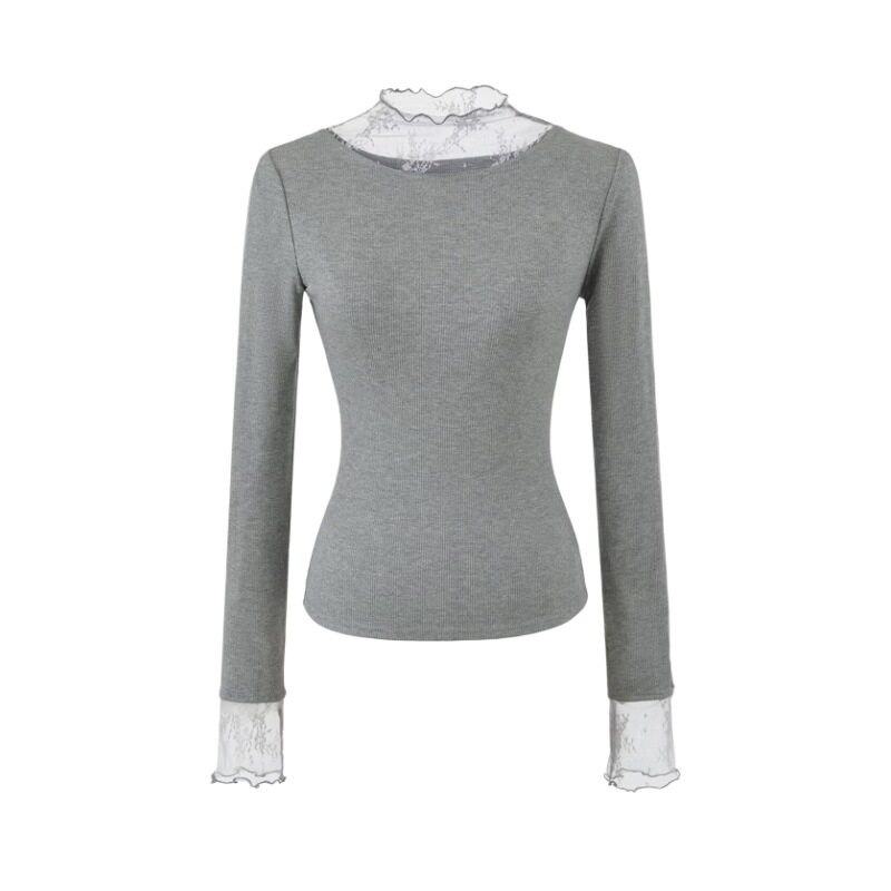 半高领蕾丝拼接透视性感修身打底衫女外穿长袖T恤女上衣春季新款