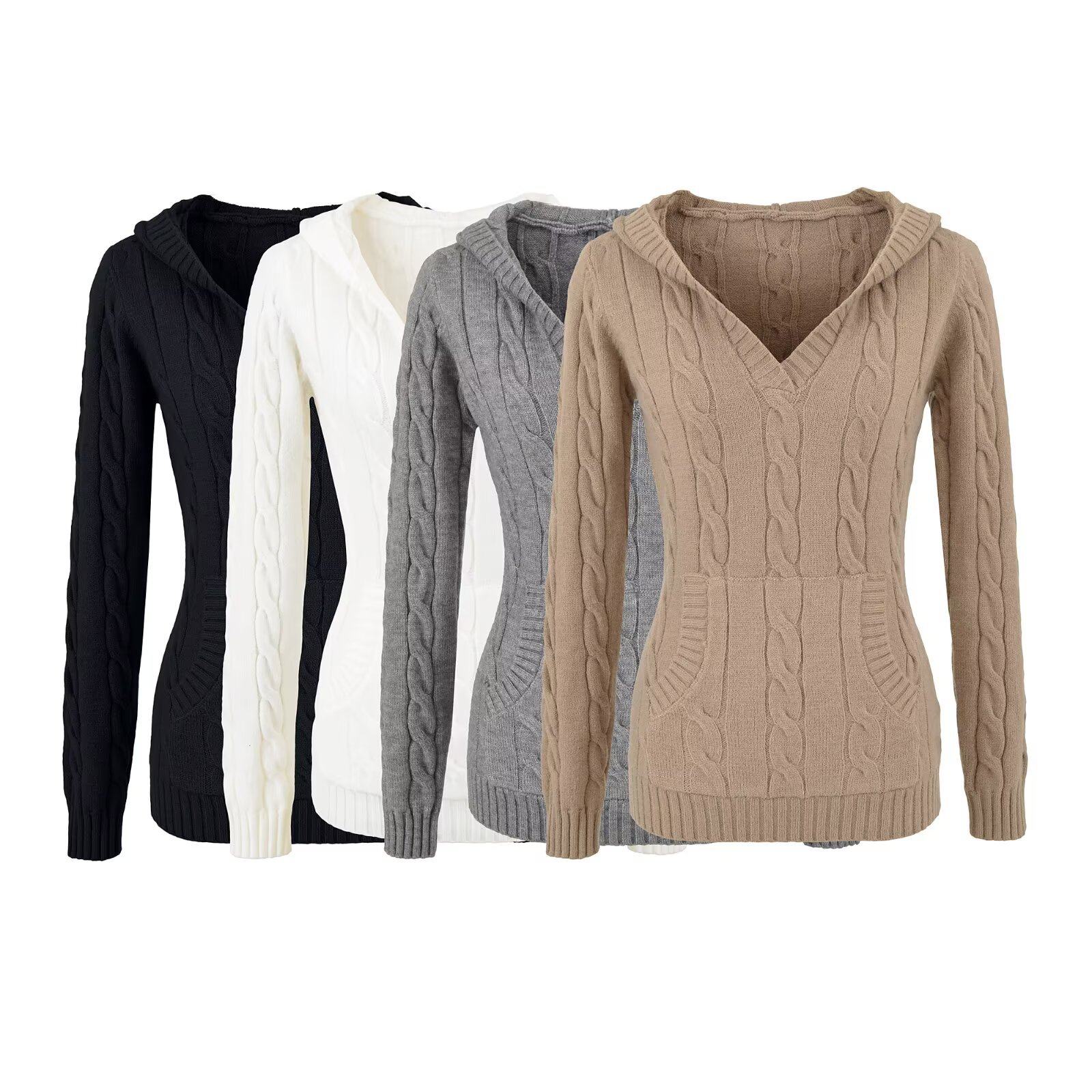 美式辣妹v领麻花收腰显瘦连帽针织衫女春秋季修身显瘦套头打底衫