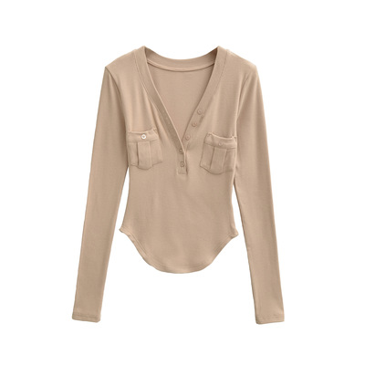 双面磨毛V领半开襟长袖T恤女