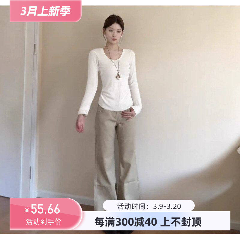 白色内搭打底衫长袖修身春季正肩上衣女t恤u领低领外穿早春穿搭薄