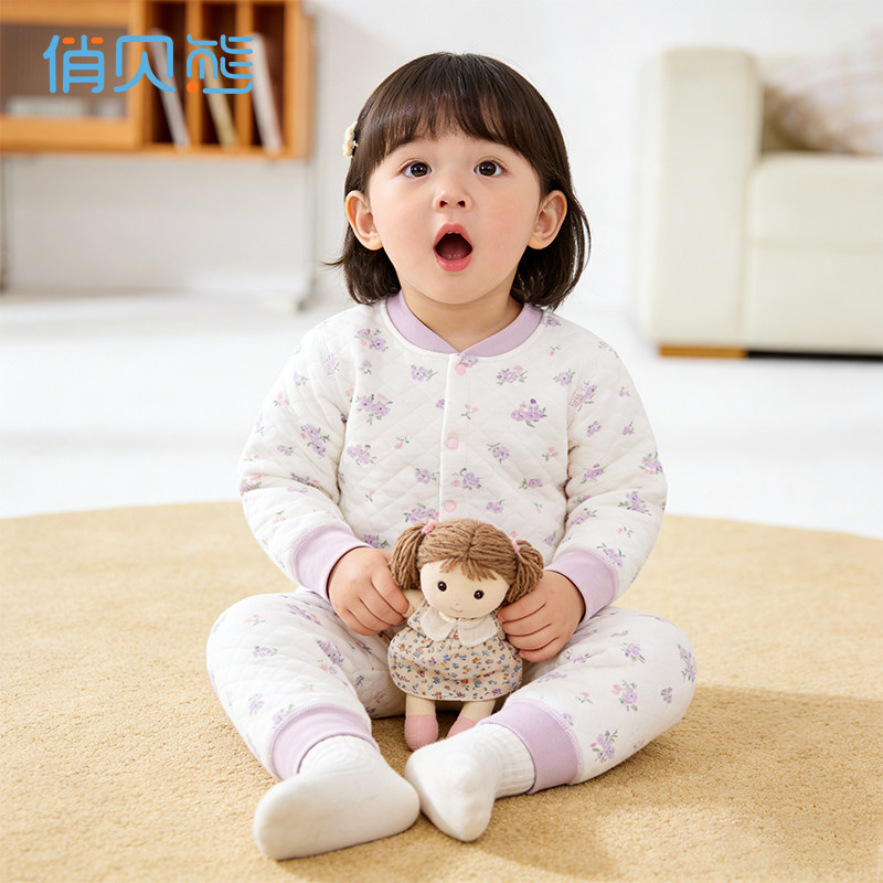 女宝宝保暖上衣秋冬加厚儿童内衣三层夹棉婴儿纯棉开扣秋衣中大童
