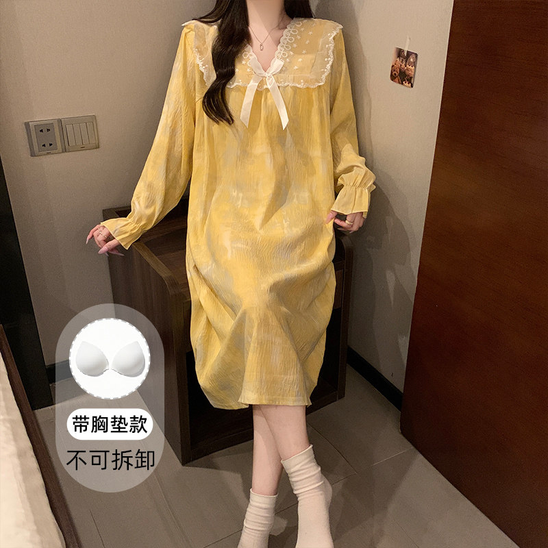 云朵棉睡裙女款带胸垫2026新款春秋季长袖睡衣中长款连衣裙家居服